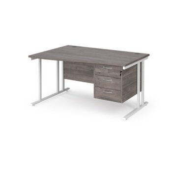 Maestro 25 left hand wave desk 1400mm wide with 3 drawer pedestal white cantilever leg frame grey oak top - MC14WLP3WHGO