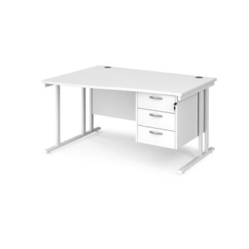 Maestro 25 left hand wave desk 1400mm wide with 3 drawer pedestal white cantilever leg frame white top - MC14WLP3WHWH