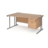 Maestro 25 left hand wave desk 1600mm wide with 2 drawer pedestal silver cantilever leg frame beech top - MC16WLP2SB