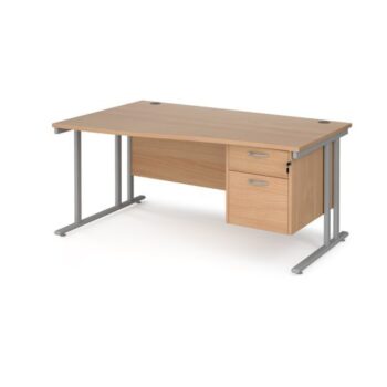 Maestro 25 left hand wave desk 1600mm wide with 2 drawer pedestal silver cantilever leg frame beech top - MC16WLP2SB