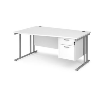 Maestro 25 left hand wave desk 1600mm wide with 2 drawer pedestal silver cantilever leg frame white top - MC16WLP2SWH