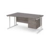 Maestro 25 left hand wave desk 1600mm wide with 2 drawer pedestal white cantilever leg frame grey oak top - MC16WLP2WHGO