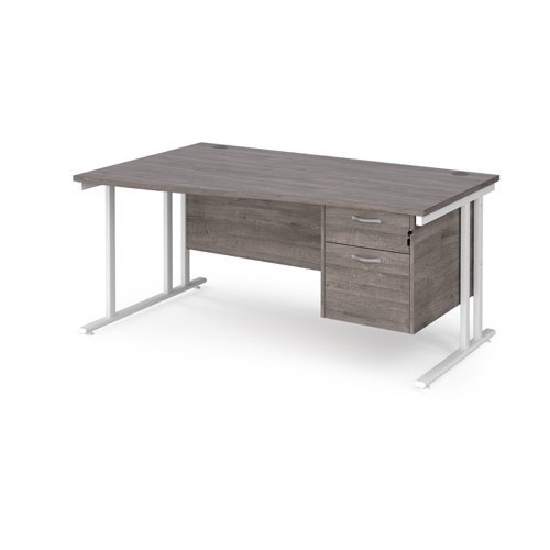 Maestro 25 left hand wave desk 1600mm wide with 2 drawer pedestal white cantilever leg frame grey oak top - MC16WLP2WHGO