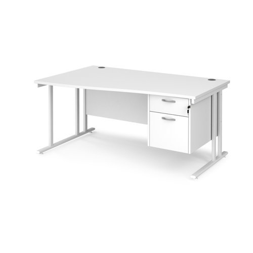 Maestro 25 left hand wave desk 1600mm wide with 2 drawer pedestal white cantilever leg frame white top - MC16WLP2WHWH