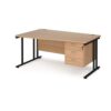 Maestro 25 left hand wave desk 1600mm wide with 3 drawer pedestal black cantilever leg frame beech top - MC16WLP3KB