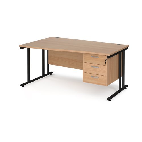 Maestro 25 left hand wave desk 1600mm wide with 3 drawer pedestal black cantilever leg frame beech top - MC16WLP3KB