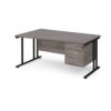 Maestro 25 left hand wave desk 1600mm wide with 3 drawer pedestal black cantilever leg frame grey oak top - MC16WLP3KGO
