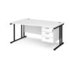 Maestro 25 left hand wave desk 1600mm wide with 3 drawer pedestal black cantilever leg frame white top - MC16WLP3KWH