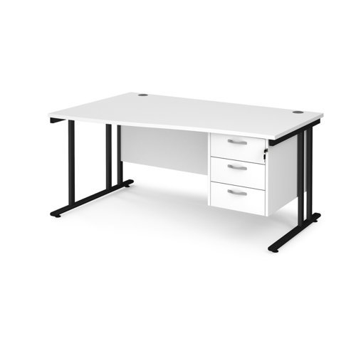 Maestro 25 left hand wave desk 1600mm wide with 3 drawer pedestal black cantilever leg frame white top - MC16WLP3KWH