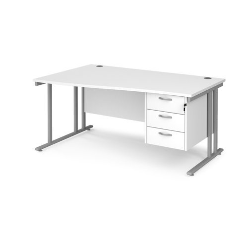 Maestro 25 left hand wave desk 1600mm wide with 3 drawer pedestal silver cantilever leg frame white top - MC16WLP3SWH