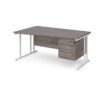 Maestro 25 left hand wave desk 1600mm wide with 3 drawer pedestal white cantilever leg frame grey oak top - MC16WLP3WHGO