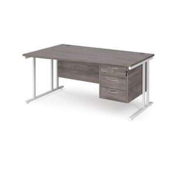 Maestro 25 left hand wave desk 1600mm wide with 3 drawer pedestal white cantilever leg frame grey oak top - MC16WLP3WHGO