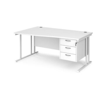 Maestro 25 left hand wave desk 1600mm wide with 3 drawer pedestal white cantilever leg frame white top - MC16WLP3WHWH