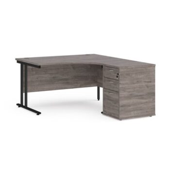 Maestro 25 right hand ergonomic desk 1400mm with black cantilever frame and desk high pedestal grey oak - EBK14RGO