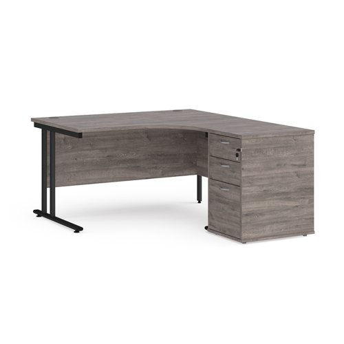 Maestro 25 right hand ergonomic desk 1400mm with black cantilever frame and desk high pedestal grey oak - EBK14RGO