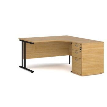 Maestro 25 right hand ergonomic desk 1400mm with black cantilever frame and desk high pedestal oak - EBK14RO