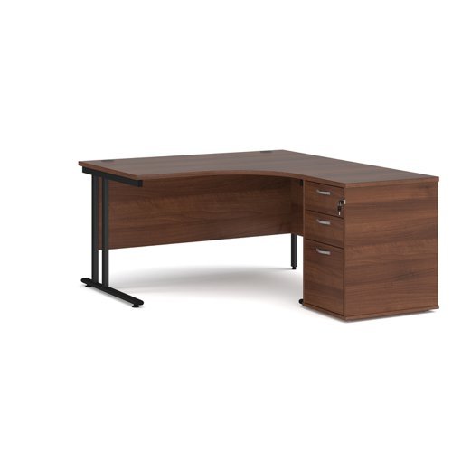 Maestro 25 right hand ergonomic desk 1400mm with black cantilever frame and desk high pedestal walnut - EBK14RW