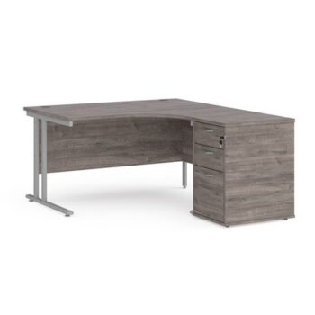 Maestro 25 right hand ergonomic desk 1400mm with silver cantilever frame and desk high pedestal grey oak - EBS14RGO