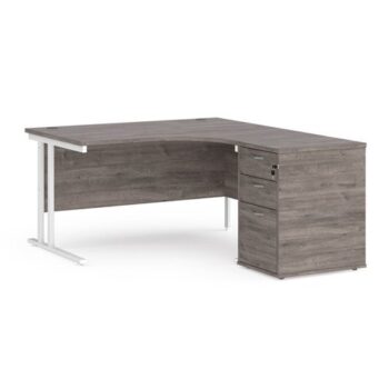 Maestro 25 right hand ergonomic desk 1400mm with white cantilever frame and desk high pedestal grey oak - EBWH14RGO