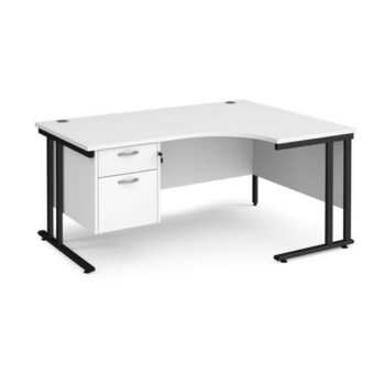 Maestro 25 right hand ergonomic desk 1600mm wide with 2 drawer pedestal black cantilever leg frame white top - MC16ERP2KWH