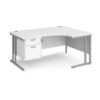 Maestro 25 right hand ergonomic desk 1600mm wide with 2 drawer pedestal silver cantilever leg frame white top - MC16ERP2SWH