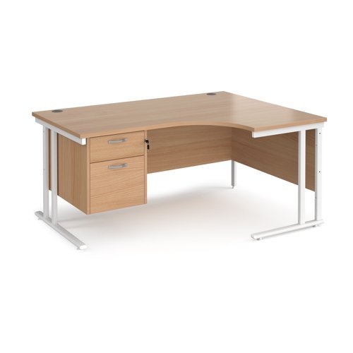 Maestro 25 right hand ergonomic desk 1600mm wide with 2 drawer pedestal white cantilever leg frame beech top - MC16ERP2WHB