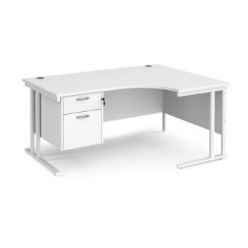 Maestro 25 right hand ergonomic desk 1600mm wide with 2 drawer pedestal white cantilever leg frame white top - MC16ERP2WHWH