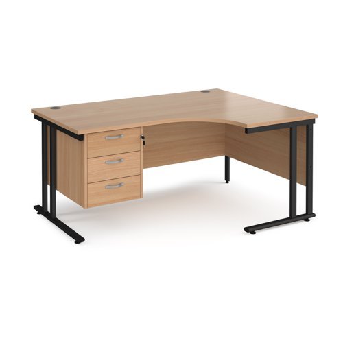 Maestro 25 right hand ergonomic desk 1600mm wide with 3 drawer pedestal black cantilever leg frame beech top - MC16ERP3KB
