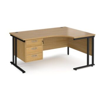 Maestro 25 right hand ergonomic desk 1600mm wide with 3 drawer pedestal black cantilever leg frame oak top - MC16ERP3KO