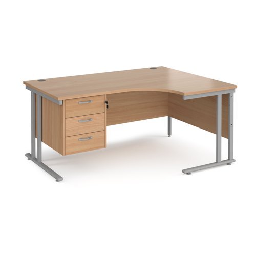 Maestro 25 right hand ergonomic desk 1600mm wide with 3 drawer pedestal silver cantilever leg frame beech top - MC16ERP3SB