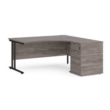Maestro 25 right hand ergonomic desk 1600mm with black cantilever frame and desk high pedestal grey oak - EBK16RGO