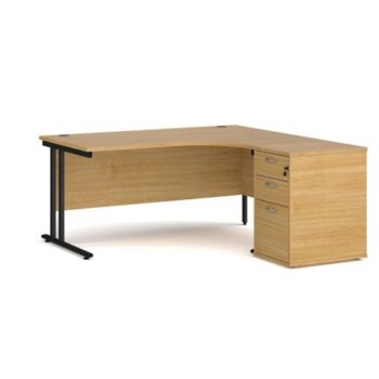 Maestro 25 right hand ergonomic desk 1600mm with black cantilever frame and desk high pedestal oak - EBK16RO