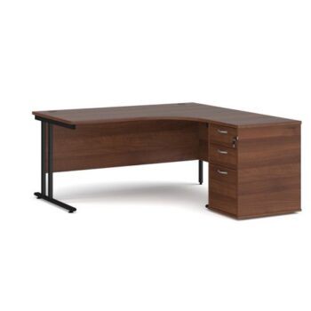 Maestro 25 right hand ergonomic desk 1600mm with black cantilever frame and desk high pedestal walnut - EBK16RW