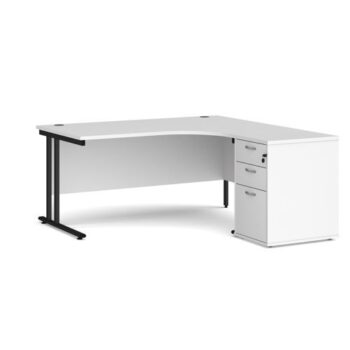 Maestro 25 right hand ergonomic desk 1600mm with black cantilever frame and desk high pedestal white - EBK16RWH