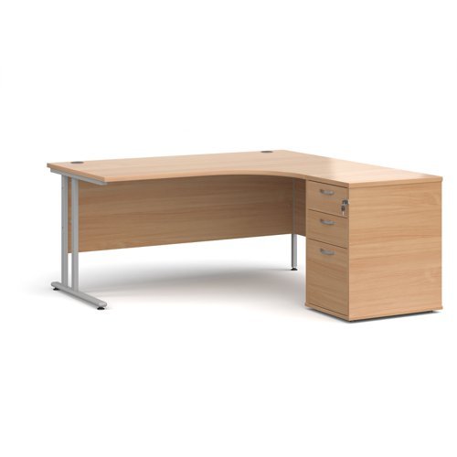 Maestro 25 right hand ergonomic desk 1600mm with silver cantilever frame and desk high pedestal beech - EBS16RB
