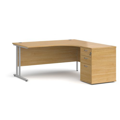 Maestro 25 right hand ergonomic desk 1600mm with silver cantilever frame and desk high pedestal oak - EBS16RO