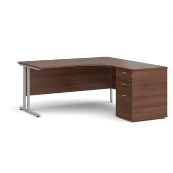 Maestro 25 right hand ergonomic desk 1600mm with silver cantilever frame and desk high pedestal walnut - EBS16RW
