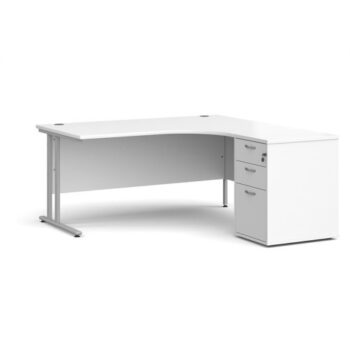 Maestro 25 right hand ergonomic desk 1600mm with silver cantilever frame and desk high pedestal white - EBS16RWH