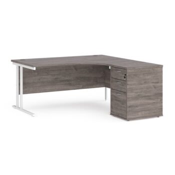 Maestro 25 right hand ergonomic desk 1600mm with white cantilever frame and desk high pedestal grey oak - EBWH16RGO