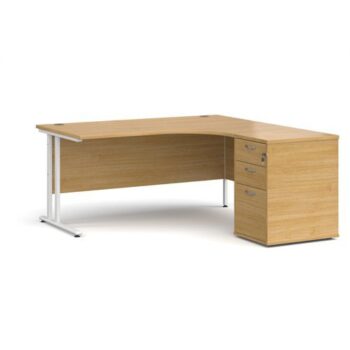 Maestro 25 right hand ergonomic desk 1600mm with white cantilever frame and desk high pedestal oak - EBWH16RO