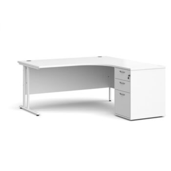 Maestro 25 right hand ergonomic desk 1600mm with white cantilever frame and desk high pedestal white - EBWH16RWH