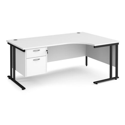 Maestro 25 right hand ergonomic desk 1800mm wide with 2 drawer pedestal black cantilever leg frame white top - MC18ERP2KWH