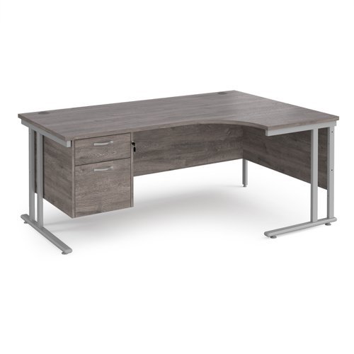 Maestro 25 right hand ergonomic desk 1800mm wide with 2 drawer pedestal silver cantilever leg frame grey oak top - MC18ERP2SGO