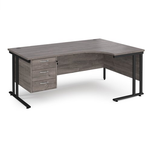 Maestro 25 right hand ergonomic desk 1800mm wide with 3 drawer pedestal black cantilever leg frame grey oak top - MC18ERP3KGO