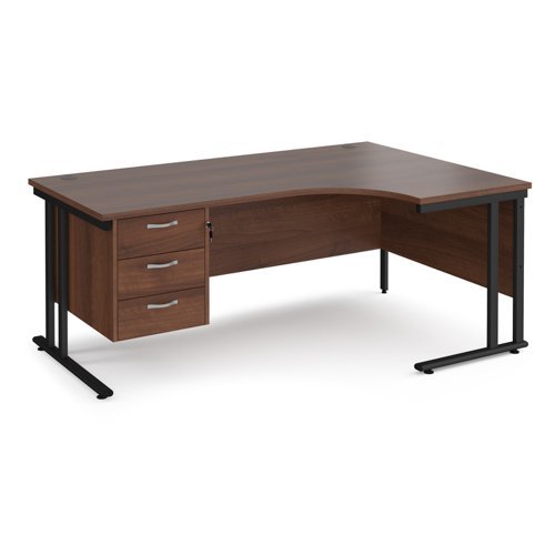 Maestro 25 right hand ergonomic desk 1800mm wide with 3 drawer pedestal black cantilever leg frame walnut top - MC18ERP3KW
