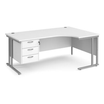 Maestro 25 right hand ergonomic desk 1800mm wide with 3 drawer pedestal silver cantilever leg frame white top - MC18ERP3SWH