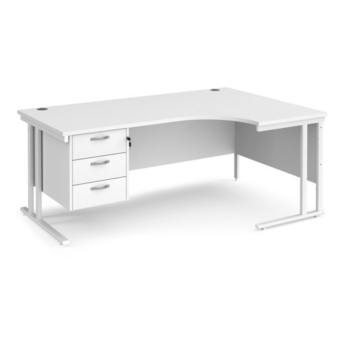 Maestro 25 right hand ergonomic desk 1800mm wide with 3 drawer pedestal white cantilever leg frame white top - MC18ERP3WHWH