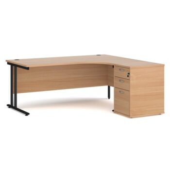 Maestro 25 right hand ergonomic desk 1800mm with black cantilever frame and desk high pedestal beech - EBK18RB