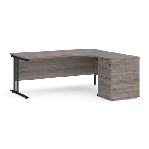 Maestro 25 right hand ergonomic desk 1800mm with black cantilever frame and desk high pedestal grey oak - EBK18RGO
