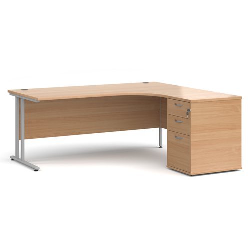 Maestro 25 right hand ergonomic desk 1800mm with silver cantilever frame and desk high pedestal beech - EBS18RB